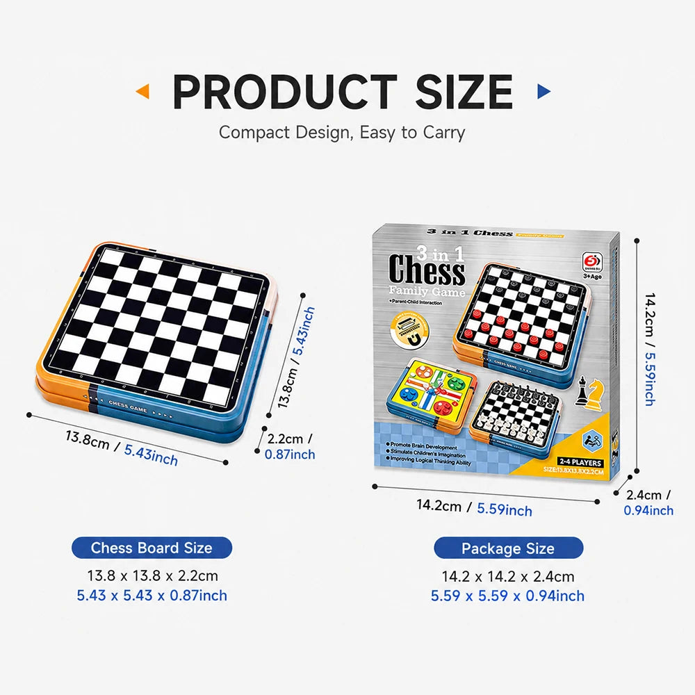 Portable 3‑in‑1 Chess Checkers Ludo Board Game Set Folding Storage Travel Family Puzzle Game, 2‑4 Players Educational Brain Development Toy, Surprise Holiday Gift for Kids Adults Birthday Halloween Christmas Thanksgivin