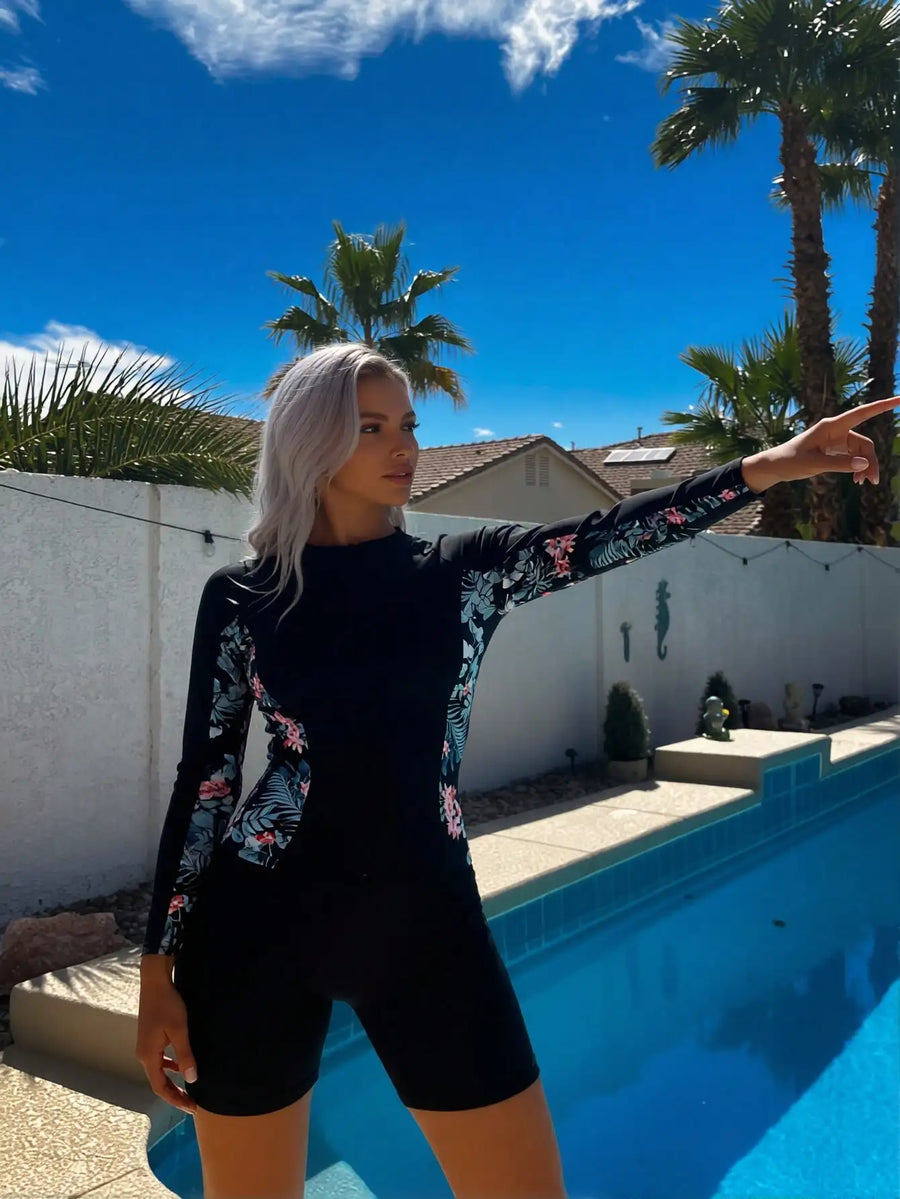 long sleeve floral rashguard swimsuit, Black Floral Print Long Sleeve