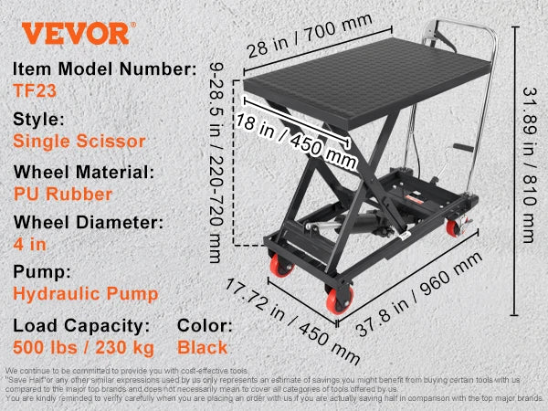 SucceBuy 330/500lbs Hydraulic Lift Table Cart Manual Single Scissor Platform with 4Wheels and Non-slip Pad for Material Handling