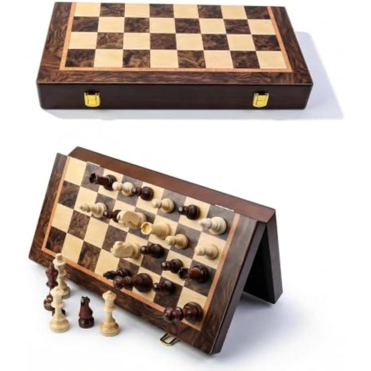15 Inch Magnetic Wooden Chess Set for Adults, Foldable Board, Extra Queens | Built-In Storage Compartment Handcrafted Staunton Pieces Magnetic Stability Classic Vintage Appearance