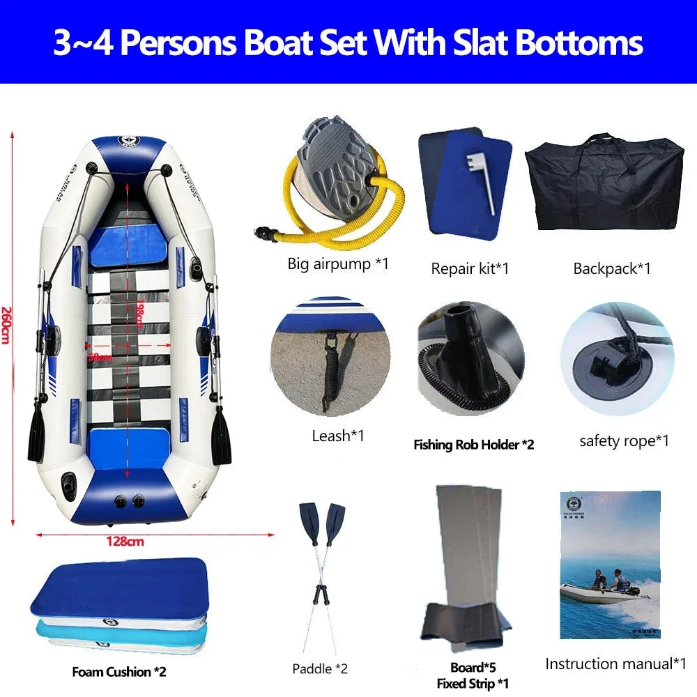 Multi-size PVC Inflatable Kayak Fishing Boat with Slats Bottom for Persons Canoeing Outdoor Water Sports Vacation Accessory
