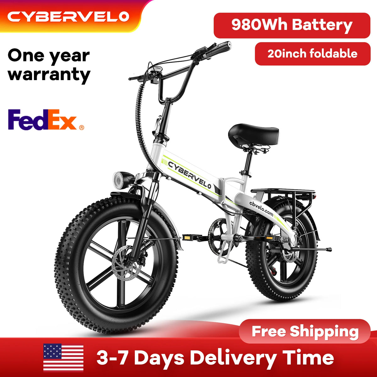 Cybervelo EK5 20" Folding Fat Tire Electric Bike, 1000W Peak, 48V Battery