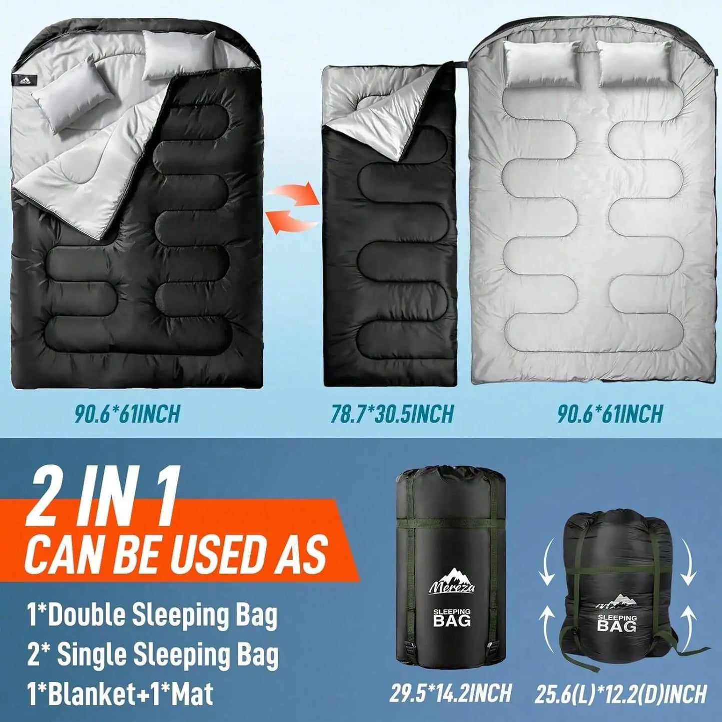 Double Sleeping Bag For Adults, 2 Person Sleeping Bags For Cold Weather & Warm, All Season Camping Hiking Backpacking, With Pillow