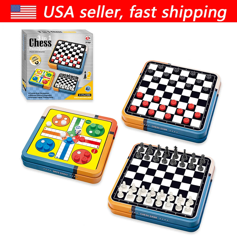 Portable 3‑in‑1 Chess Checkers Ludo Board Game Set Folding Storage Travel Family Puzzle Game, 2‑4 Players Educational Brain Development Toy, Surprise Holiday Gift for Kids Adults Birthday Halloween Christmas Thanksgivin