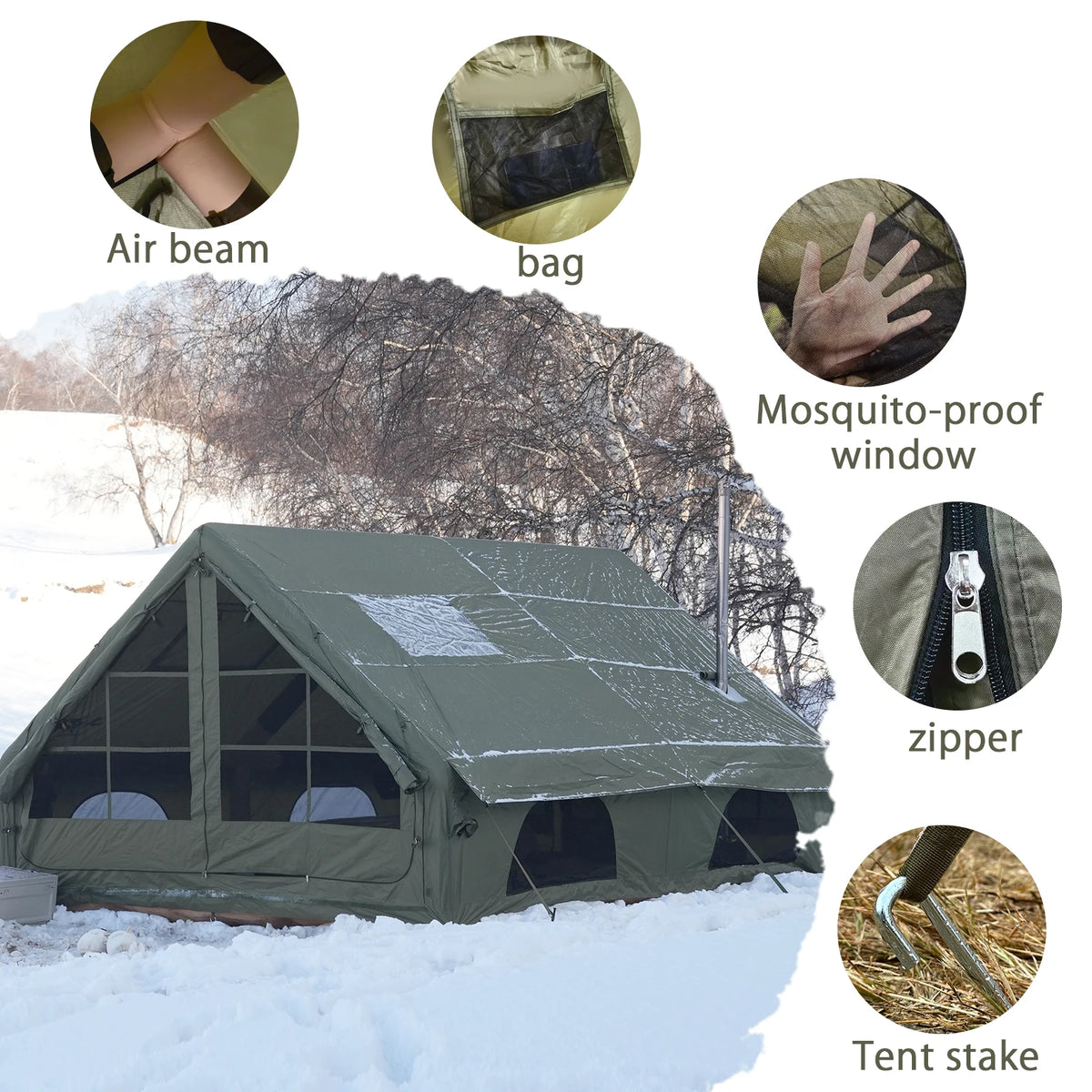 PAKICETUS Large Inflatable Camping Tent with Roof Window & Stove Space, 4-6 Person Quick Setup Air Tent, Oxford Fabric All Season Waterproof Family Outdoor Hot Tent for Camping Backpacking Hiking