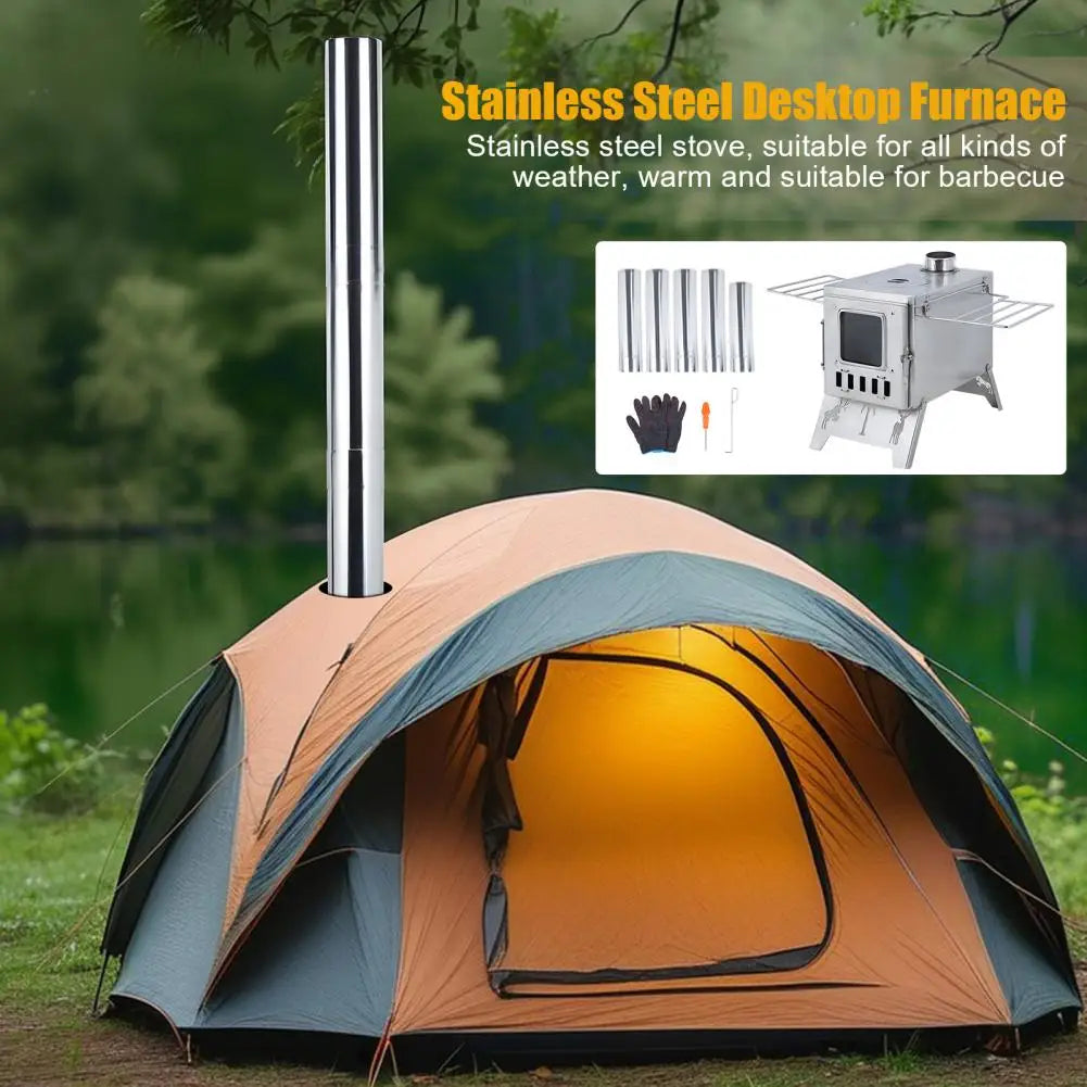 Wood Burning Camping Stove with 5 Pipes – Outdoor Tent Heating Stove