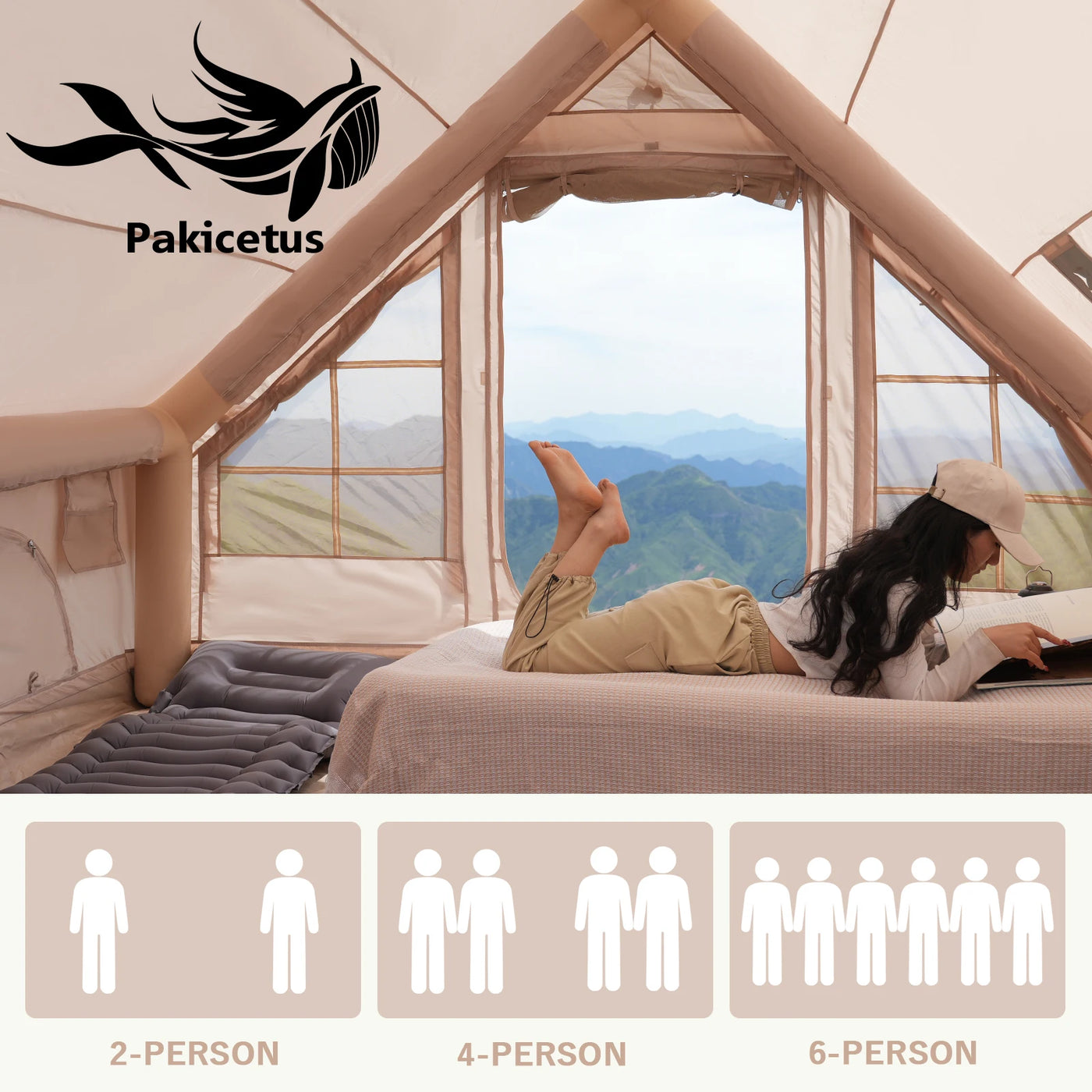 PAKICETUS Large Inflatable Camping Tent with Roof Window & Stove Space, 4-6 Person Quick Setup Air Tent, Oxford Fabric All Season Waterproof Family Outdoor Hot Tent for Camping Backpacking Hiking