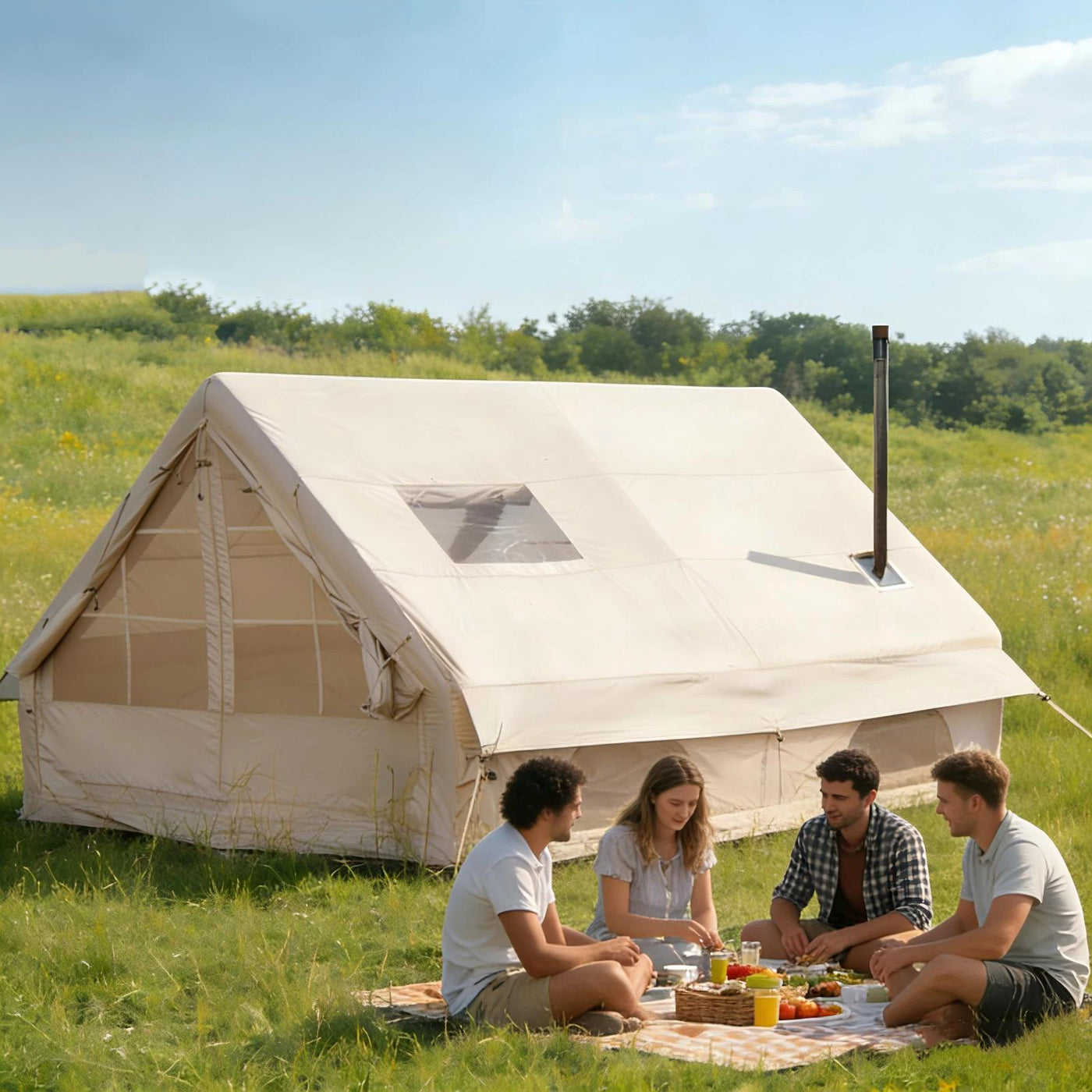 PAKICETUS Large Inflatable Camping Tent with Roof Window & Stove Space, 4-6 Person Quick Setup Air Tent, Oxford Fabric All Season Waterproof Family Outdoor Hot Tent for Camping Backpacking Hiking