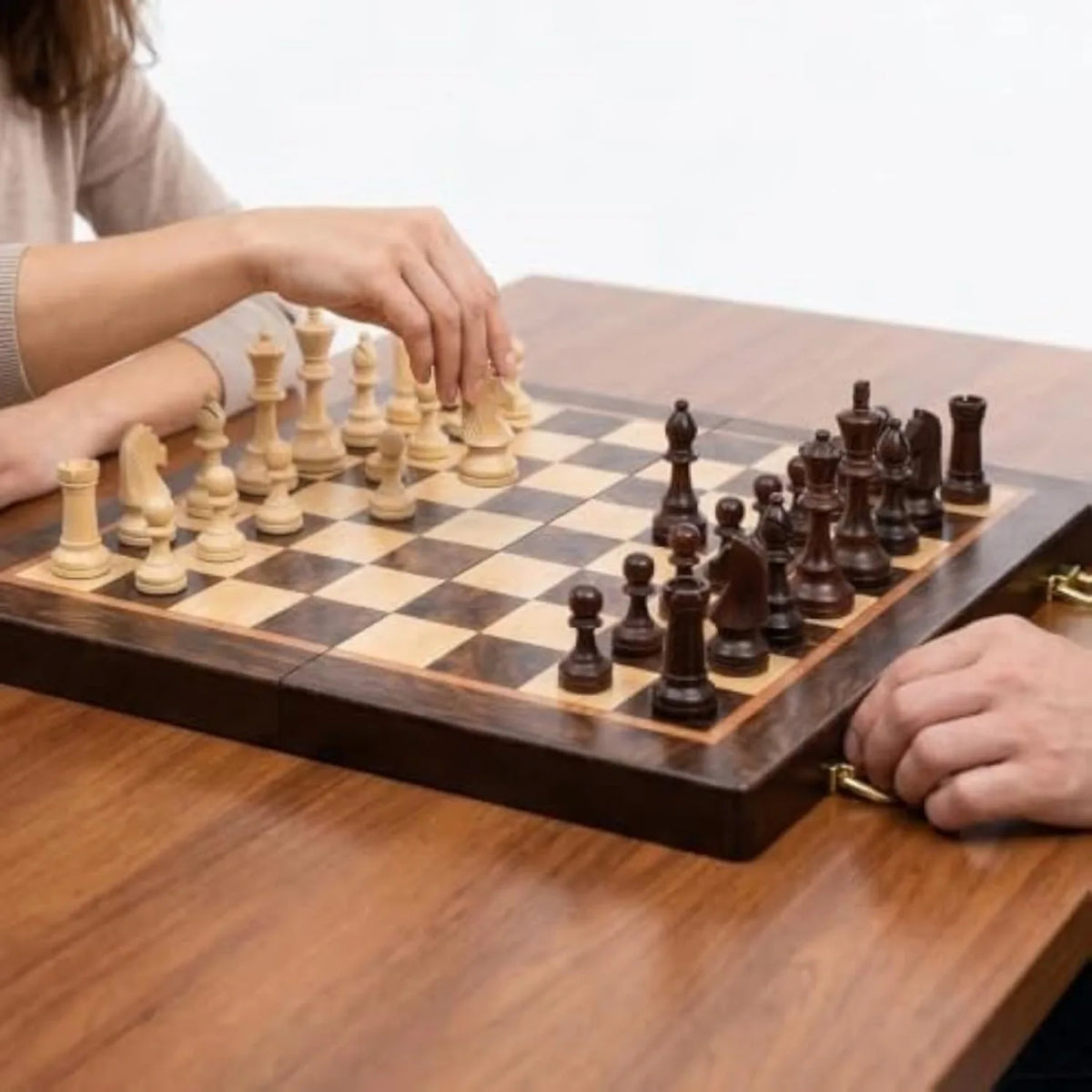 15 Inch Magnetic Wooden Chess Set for Adults, Foldable Board, Extra Queens | Built-In Storage Compartment Handcrafted Staunton Pieces Magnetic Stability Classic Vintage Appearance