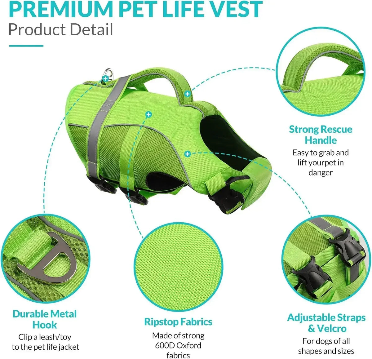 Dog Life Jacket with Rescue Handle, Reflective High-Buoyancy Pet Vest, XS–XXL