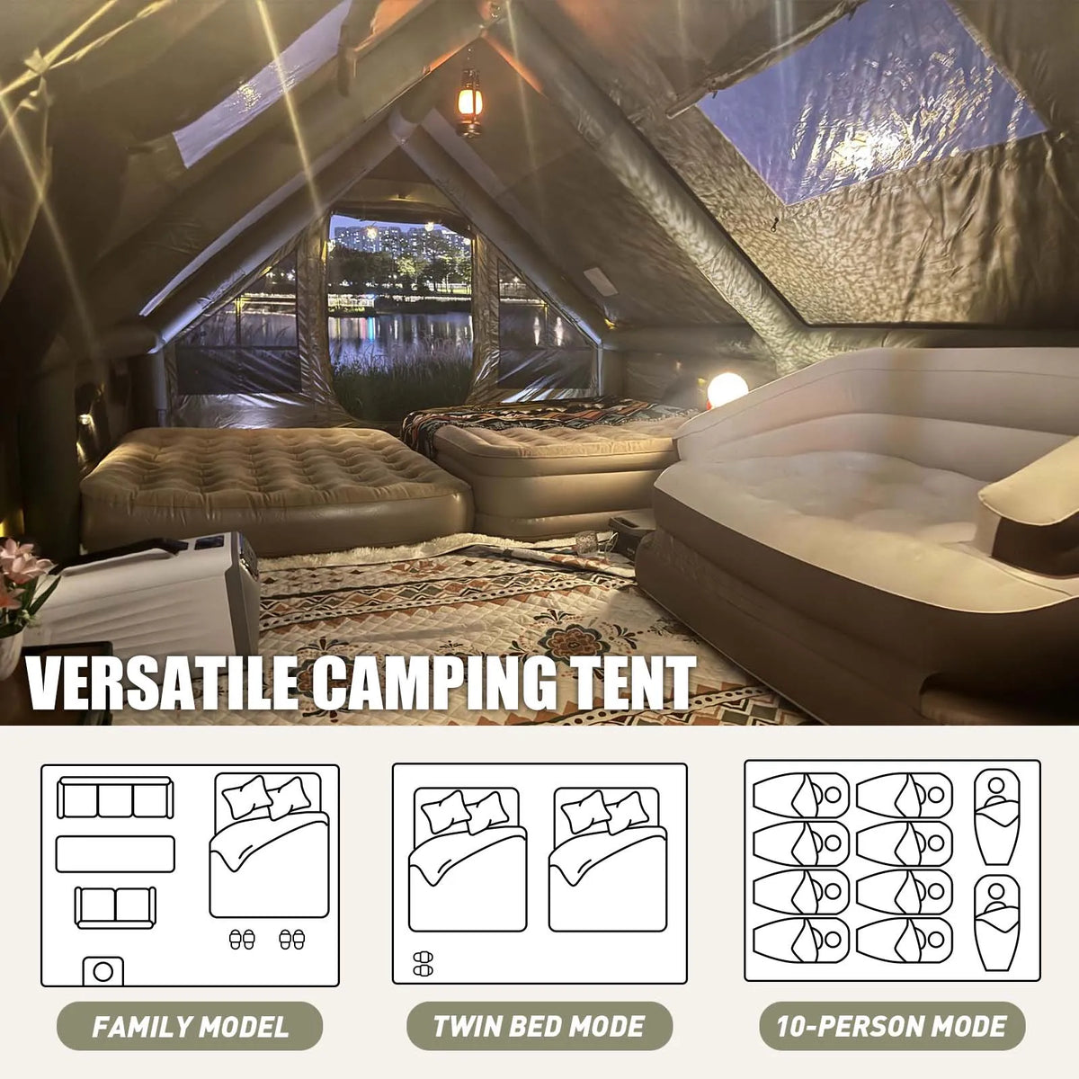 Inflatable Glamping Tent 4/6/8 Person with Skylight,4 Season Waterproof Inflatable Hot Tent with Stove Jack&AC Vent,Easy Setup Air Tent with High Pressure Pump