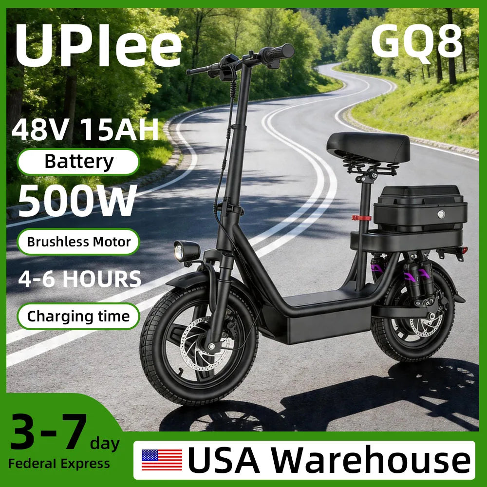UPlee GQ8 14" Folding Fat Tire Electric Bike with Seat & Trunk, 500W Peak, 48V