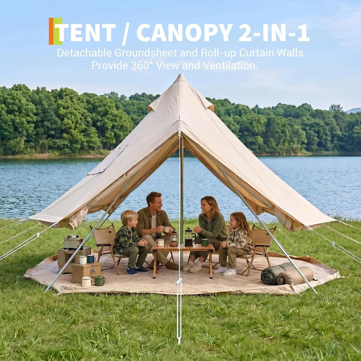 Tacleekii Bell Tent Glamping Tent with Stove Jack, PVC Base, Mesh Window, 4 Season Use, Yurt Hot Tents for Camping, Family, Party