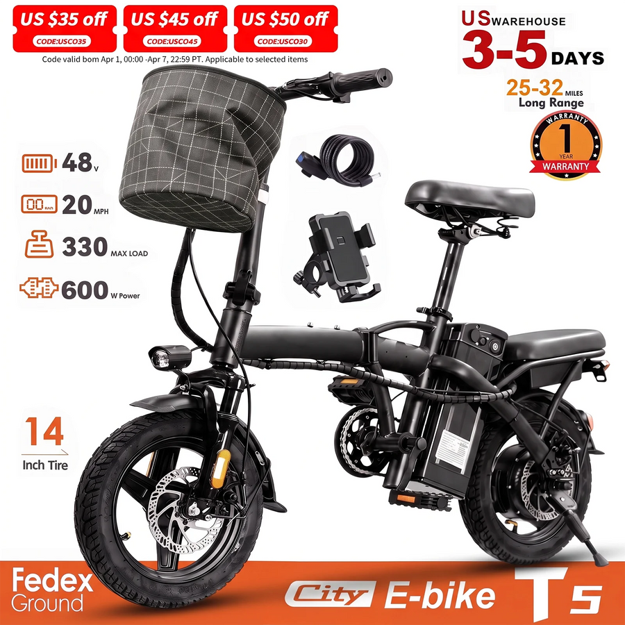 HEZZO T5 14" Folding Electric Bike, 750W Peak, 20 MPH, 48V Battery