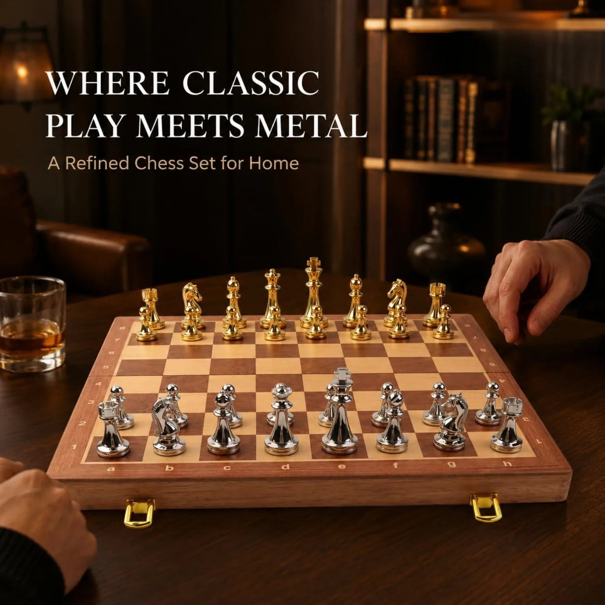 15" Metal Chess Set with Folding Wooden Board & Zinc Alloy Pieces