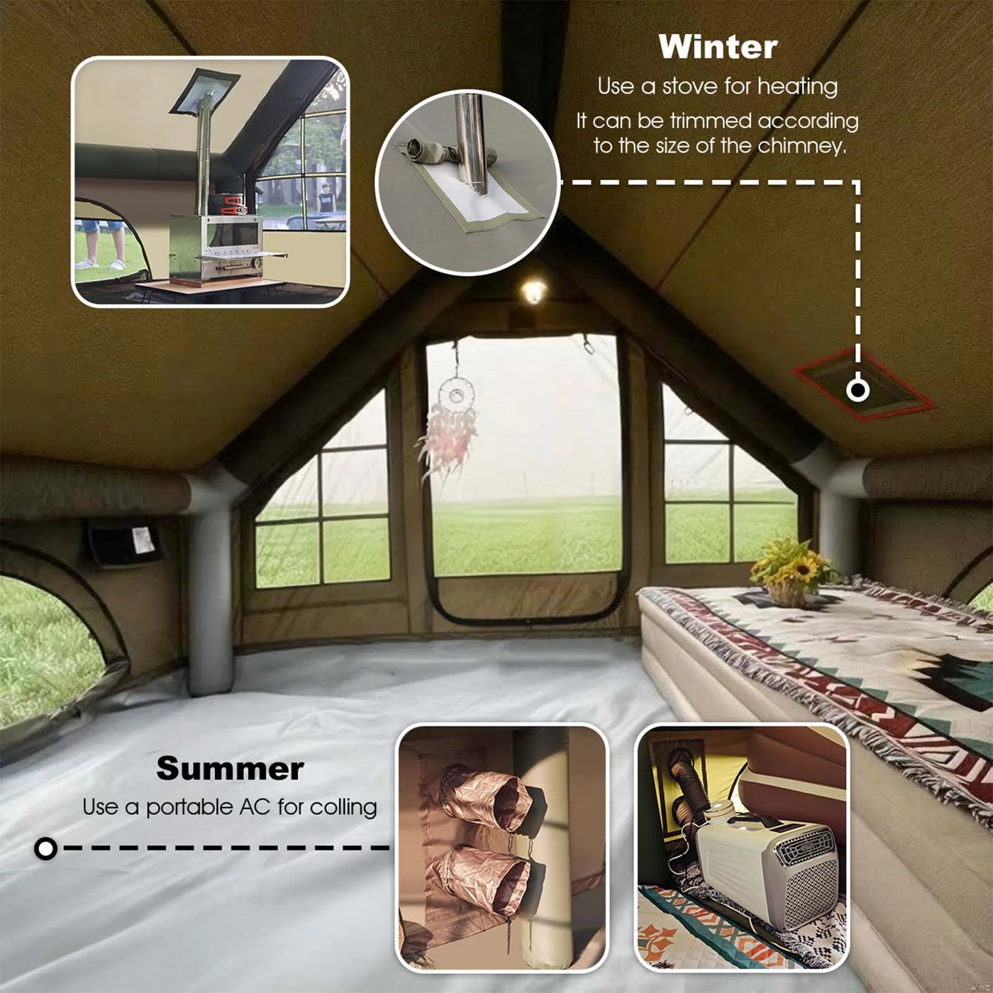 Inflatable Glamping Tent 4/6/8 Person with Skylight,4 Season Waterproof Inflatable Hot Tent with Stove Jack&AC Vent,Easy Setup Air Tent with High Pressure Pump