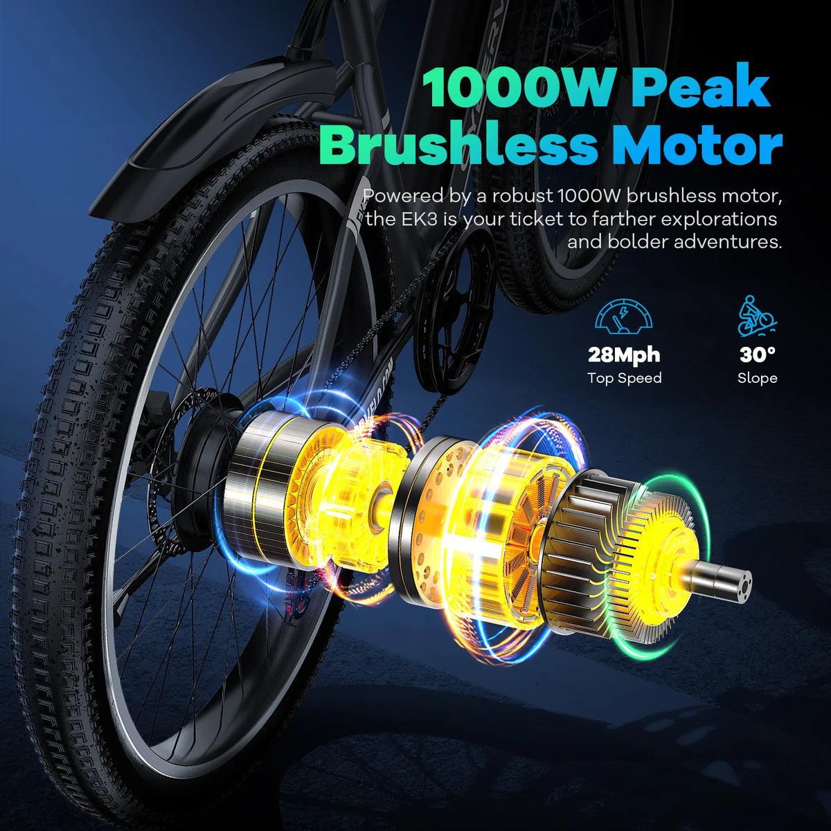 Cybervelo EK3 26" Electric Bike, 1000W Peak Motor, 48V Battery, 7-Speed