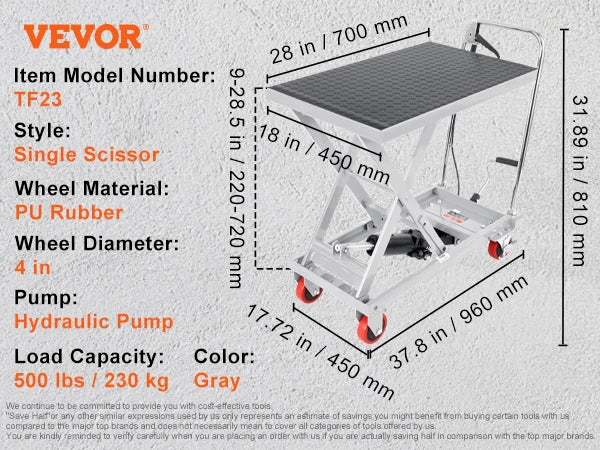 SucceBuy 330/500lbs Hydraulic Lift Table Cart Manual Single Scissor Platform with 4Wheels and Non-slip Pad for Material Handling