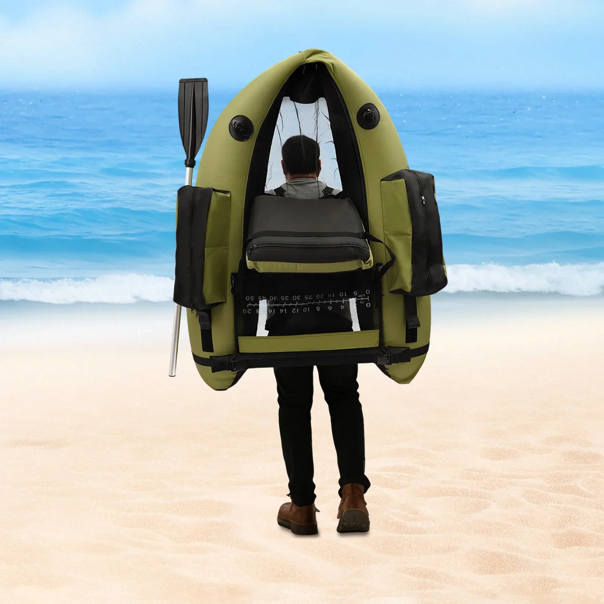 Green inflatable fishing boat with hand pump and storage pockets — view 2 of 8