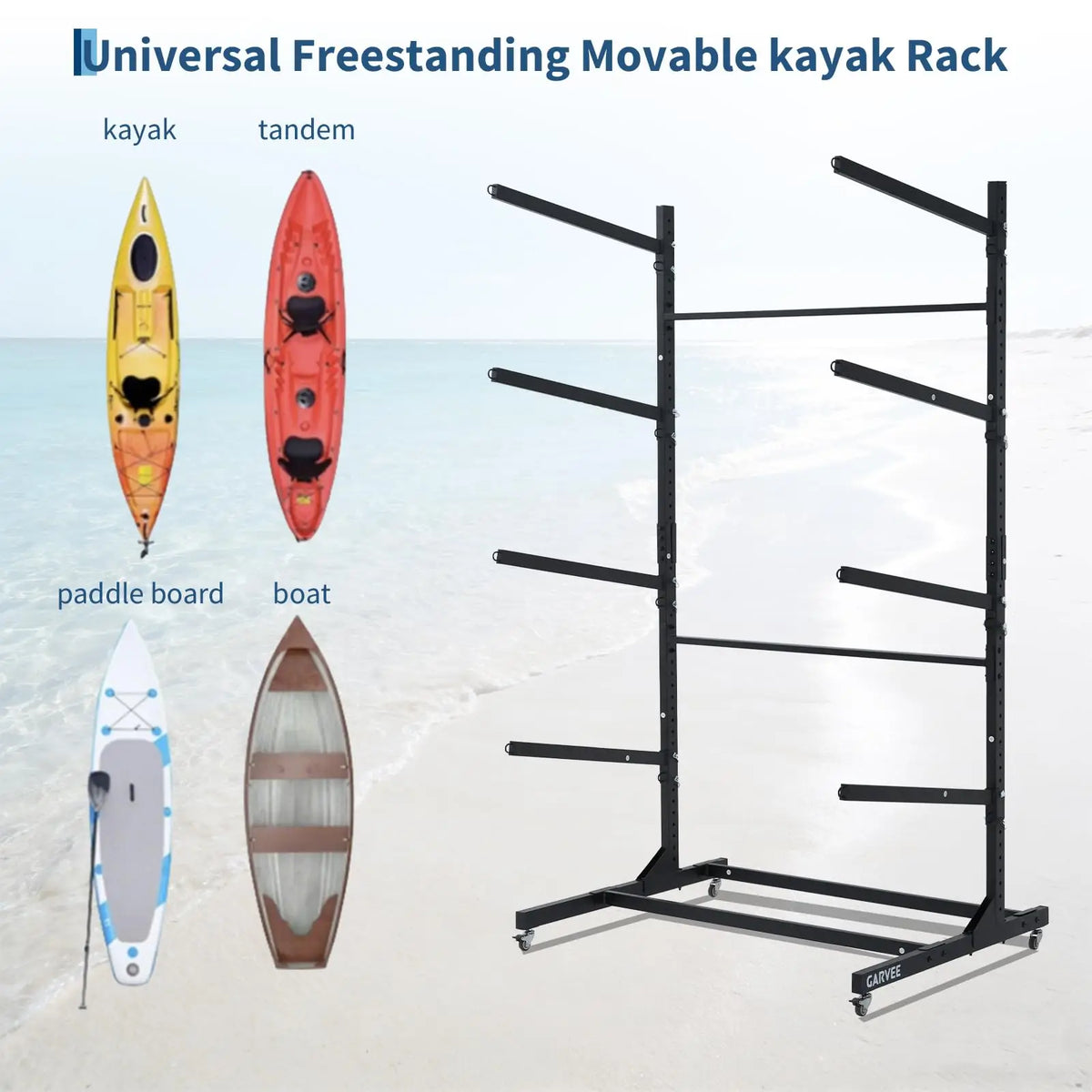 Freestanding adjustable kayak storage rack with wheels — view 2 of 9