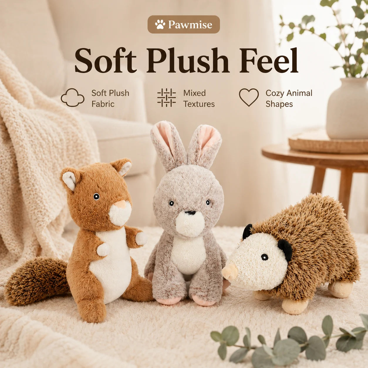 3-Piece Squeaky Plush Pet Toys Set - Rabbit, Squirrel & Mouse - Durable Crinkle Dog & Cat Toys for Small Breeds, Puppies & Kittens - Soft Chew Toys for Anxiety Relief & Interactive Play