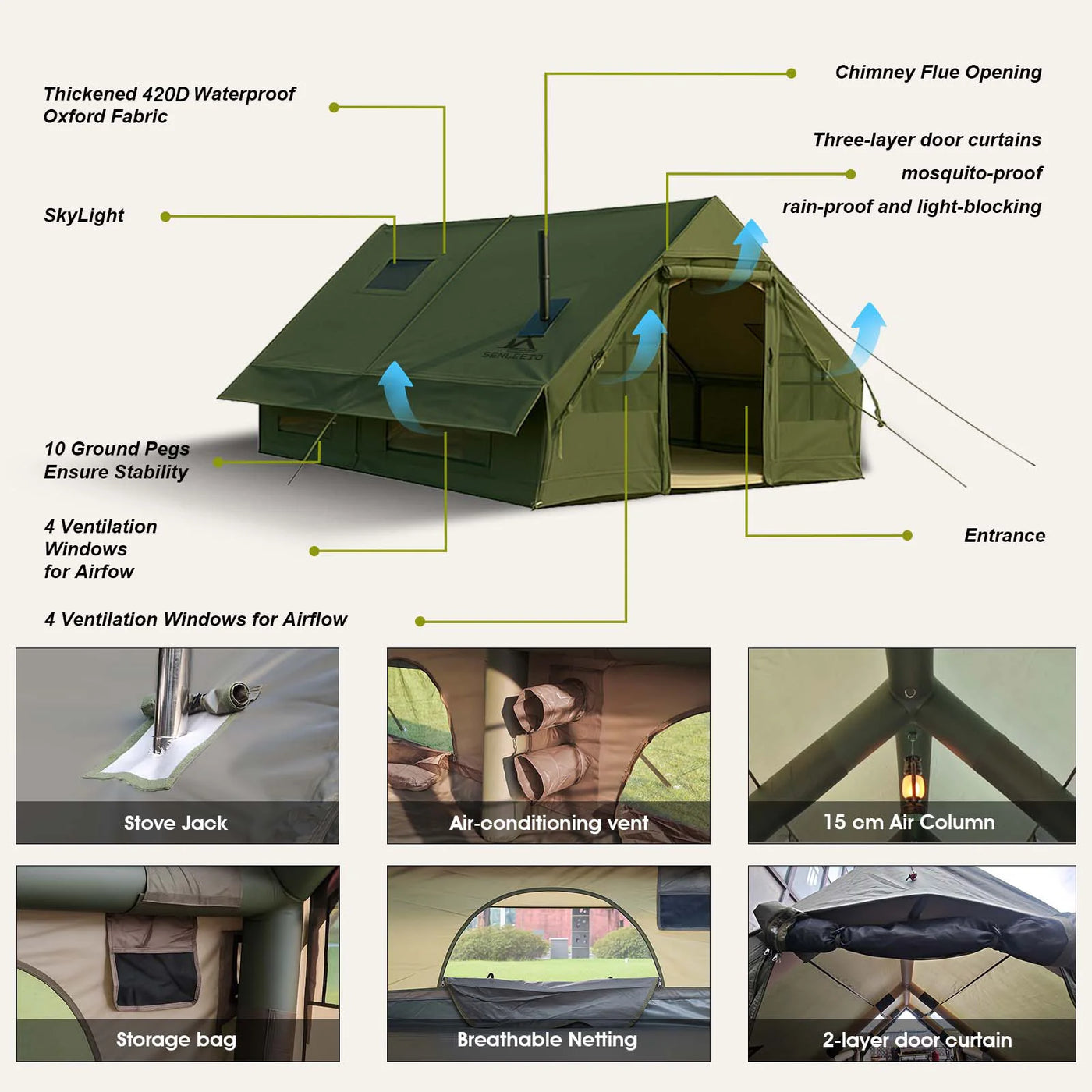 Inflatable Glamping Tent 4/6/8 Person with Skylight,4 Season Waterproof Inflatable Hot Tent with Stove Jack&AC Vent,Easy Setup Air Tent with High Pressure Pump