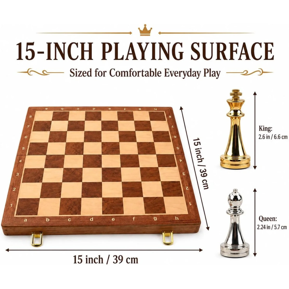 15" Metal Chess Set with Folding Wooden Board & Zinc Alloy Pieces