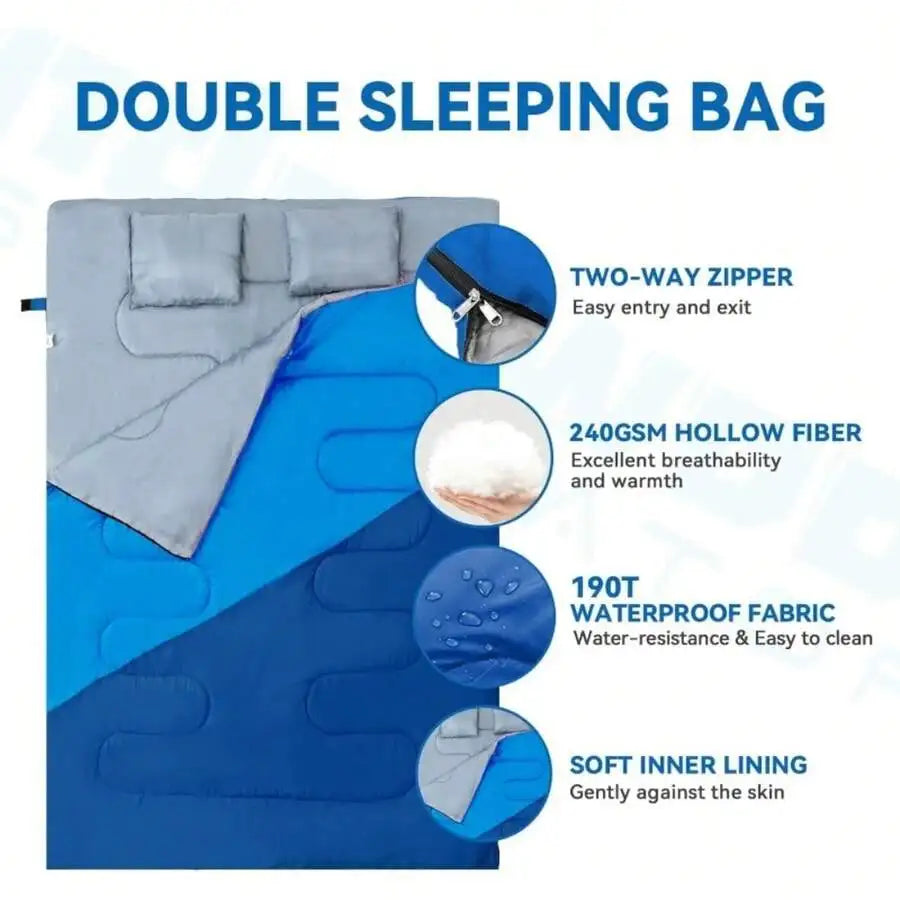 Queen Size XL Double Sleeping Bag For Adults - 2-Person All-Season High Quality & Cold-Weather Sleeping Bag With 2 Pillows, Dura