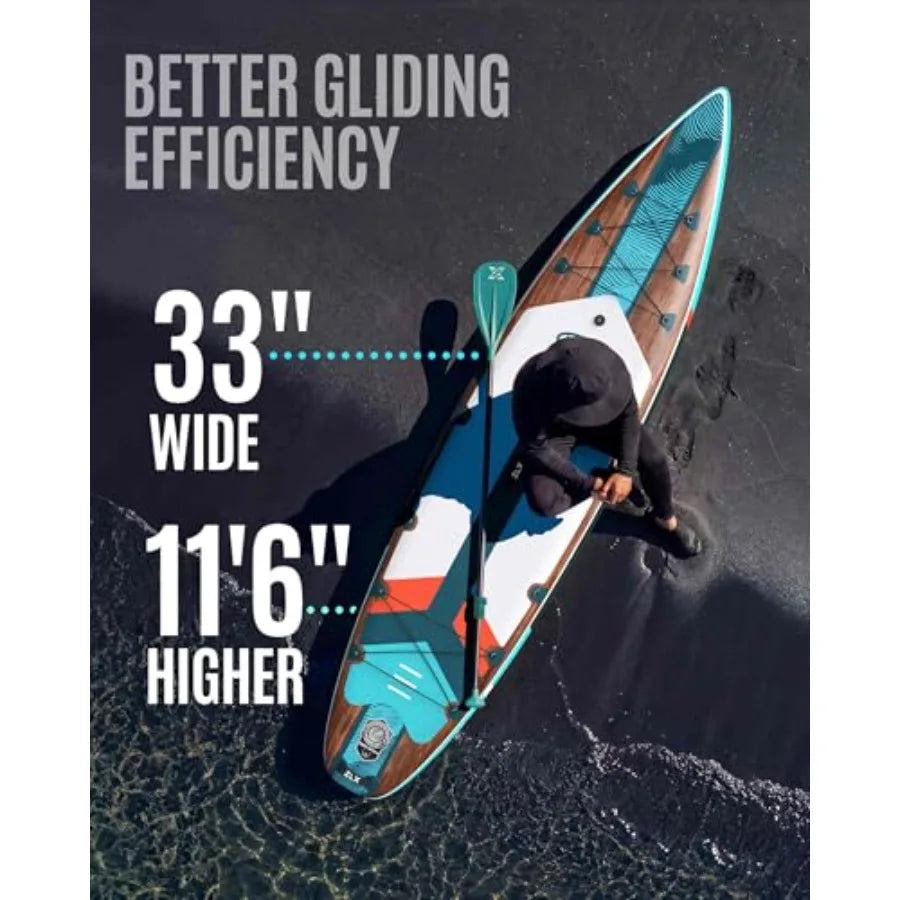 Touring Inflatable Paddle Board, Extra Wide, Wood-Look Blue, with Paddle & Pump