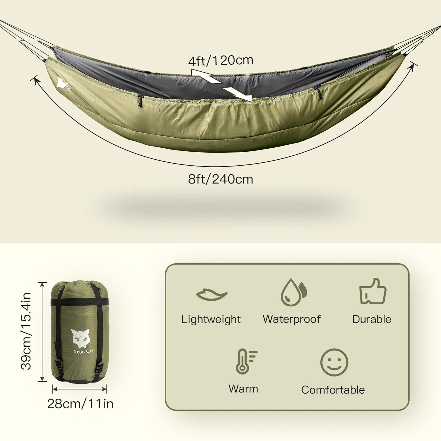 Night Cat Hammock Underquilts Sleeping Bag Single Insulated Under Blanket for Hammock 4 Seasons Lightweight Soft Warm 5-20℃ 8x3.6ft Army Green