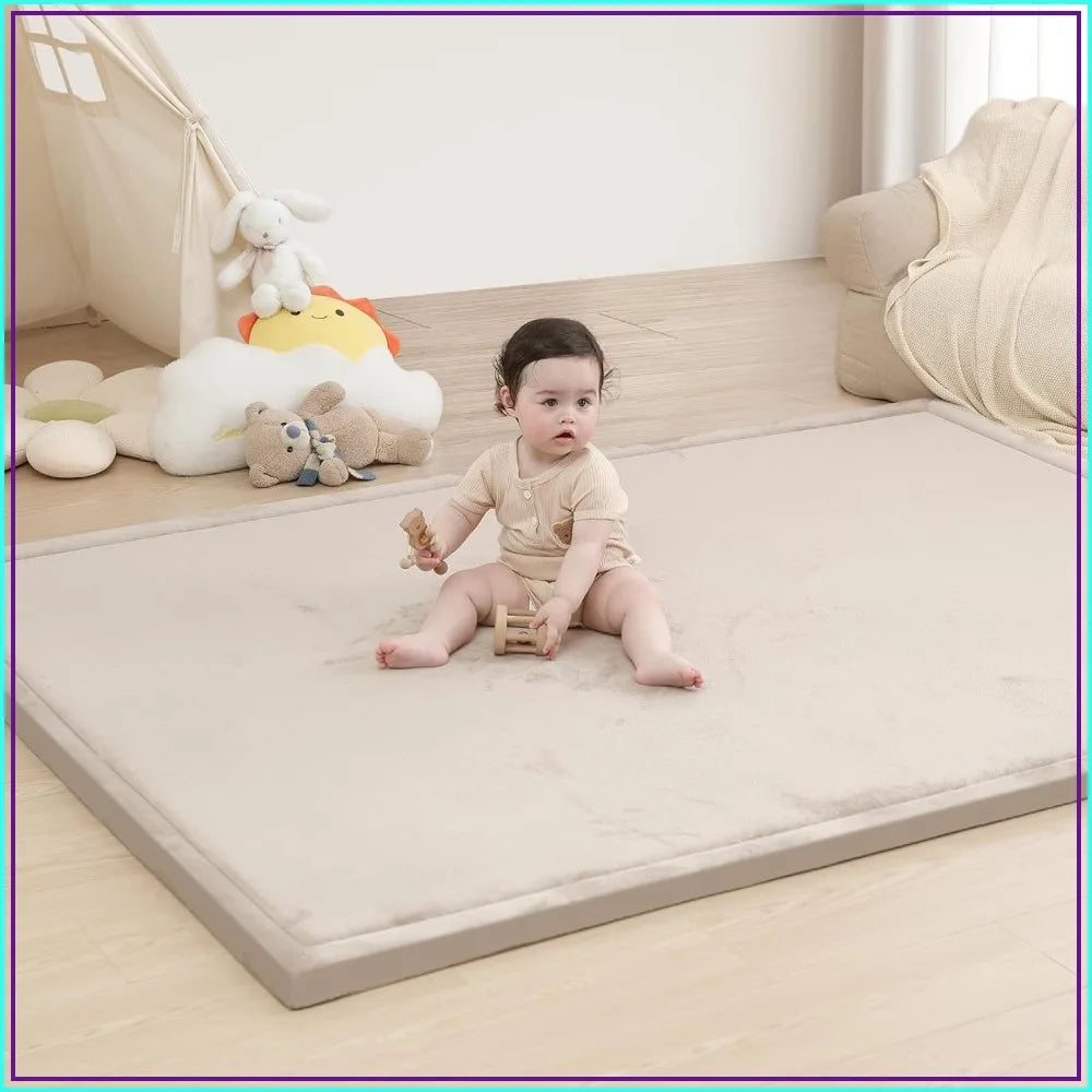 1.3" Thick Memory Foam Play Mat for Floor, Soft Coral Velvet, Extra Large Non-Slip for Crawling & Yoga, Tatami Style (Beige)