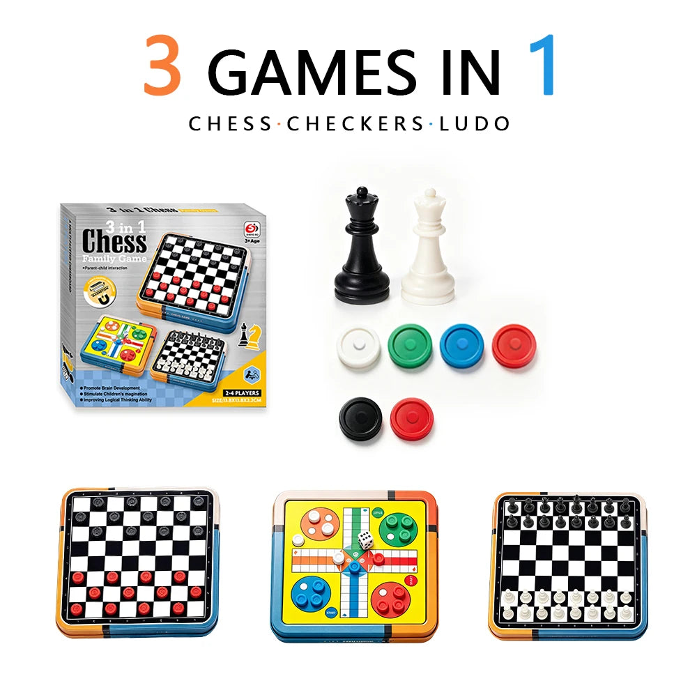 Portable 3‑in‑1 Chess Checkers Ludo Board Game Set Folding Storage Travel Family Puzzle Game, 2‑4 Players Educational Brain Development Toy, Surprise Holiday Gift for Kids Adults Birthday Halloween Christmas Thanksgivin