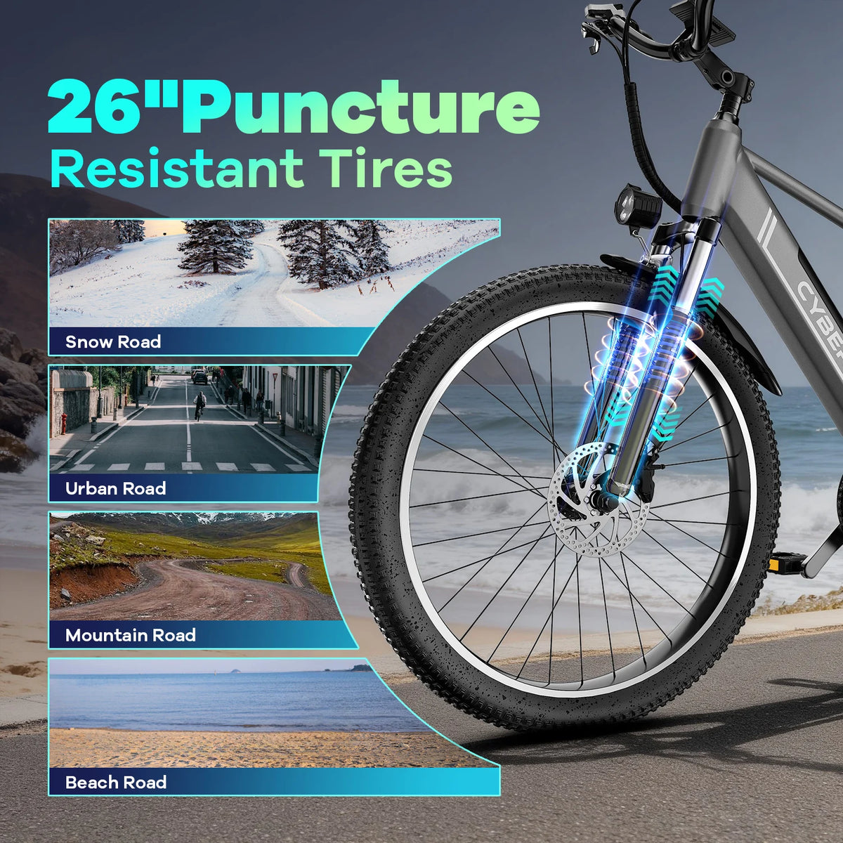 Cybervelo EK3 26" Electric Bike, 1000W Peak Motor, 48V Battery, 7-Speed