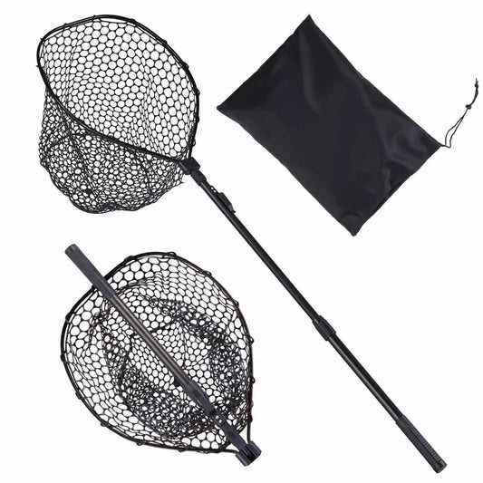 143cm/56.3in fishing net, foldable landing net with telescopic handle, lightweight and sturdy 6063 aluminum fishing gear, fishing net with anti slip telescopic rod handle, foldable fishing net, soft silicone fish friendly net