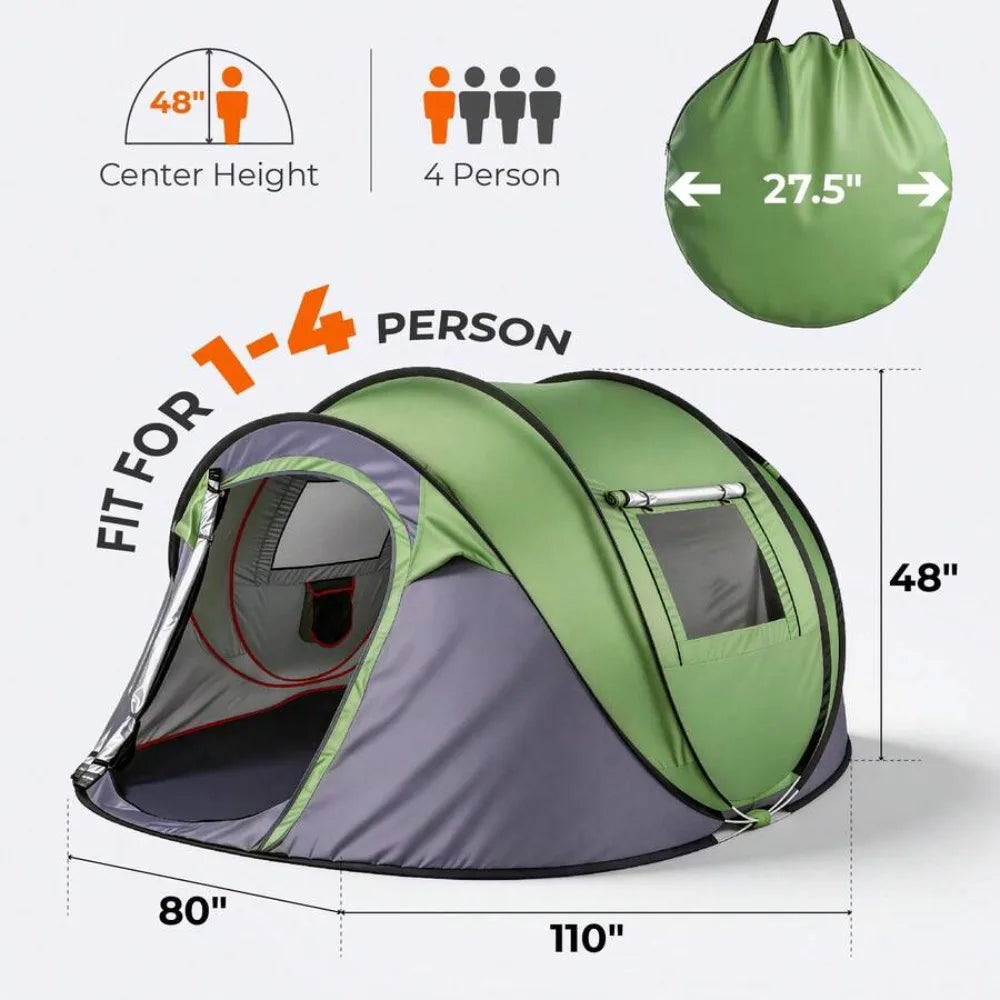 4 Person Pop Up Camping Tent – Instant Setup Waterproof Family Tent