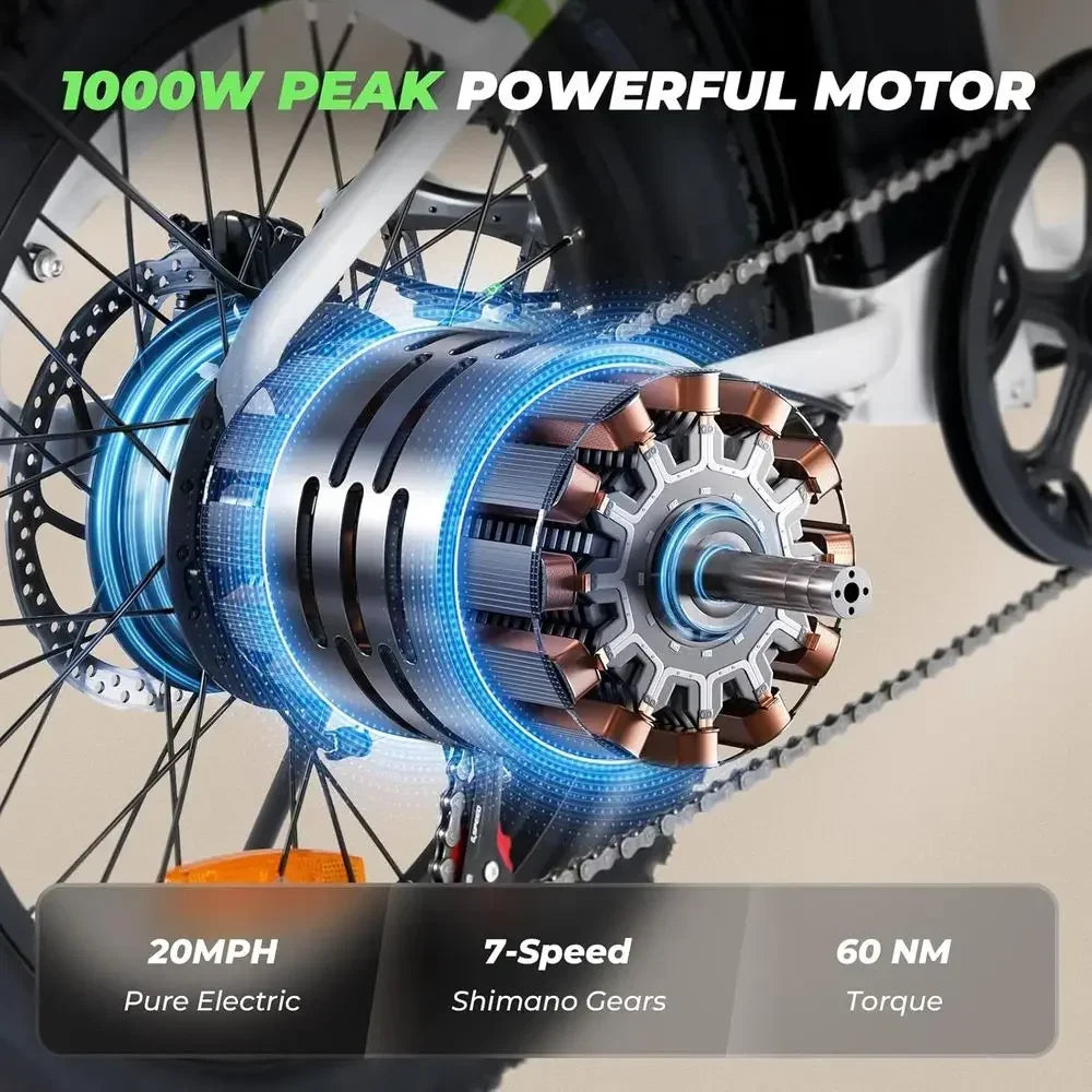7-Speed Adult Electric Bike with Dual Cargo Rack, 48V 1000W, 20mph Step-Thru Cruiser Ebike, 20 x 3 Tires
