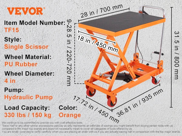 SucceBuy 330/500lbs Hydraulic Lift Table Cart Manual Single Scissor Platform with 4Wheels and Non-slip Pad for Material Handling