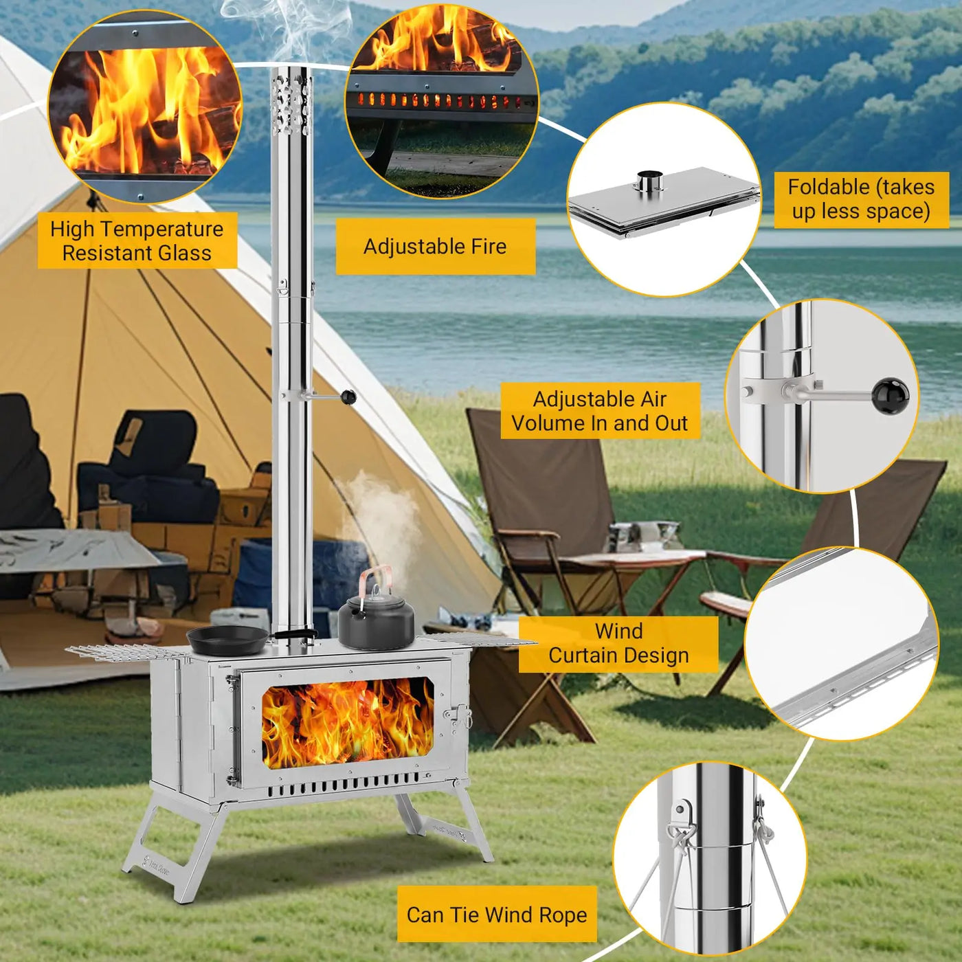 Hot Tent Stove – Wood Burning Camping Stove with 5 Pipes