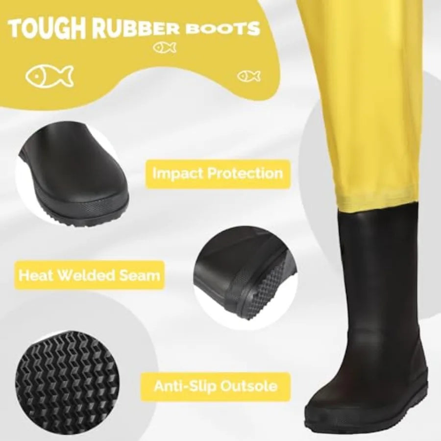 Kids' Chest Waders with Boots, Waterproof & Non-Slip, Ages 5–12, Yellow