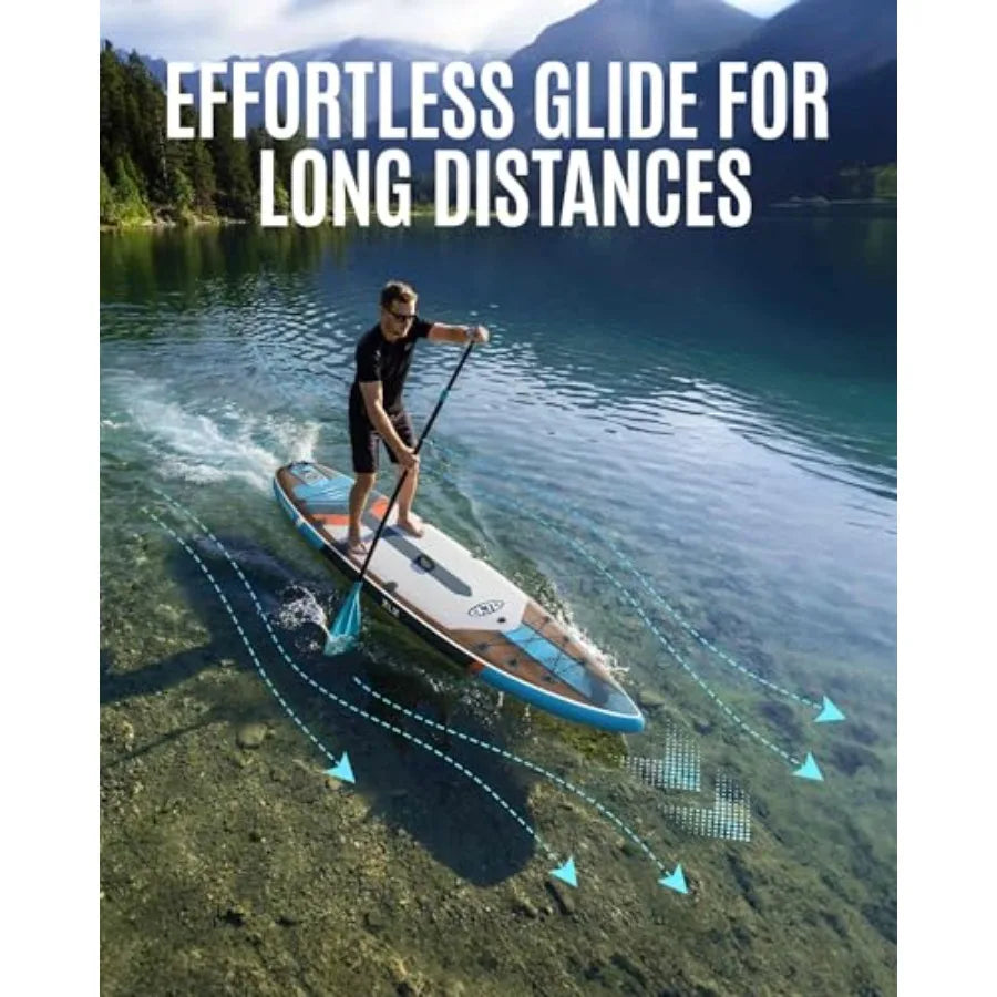 Touring Inflatable Paddle Board, Extra Wide, Wood-Look Blue, with Paddle & Pump
