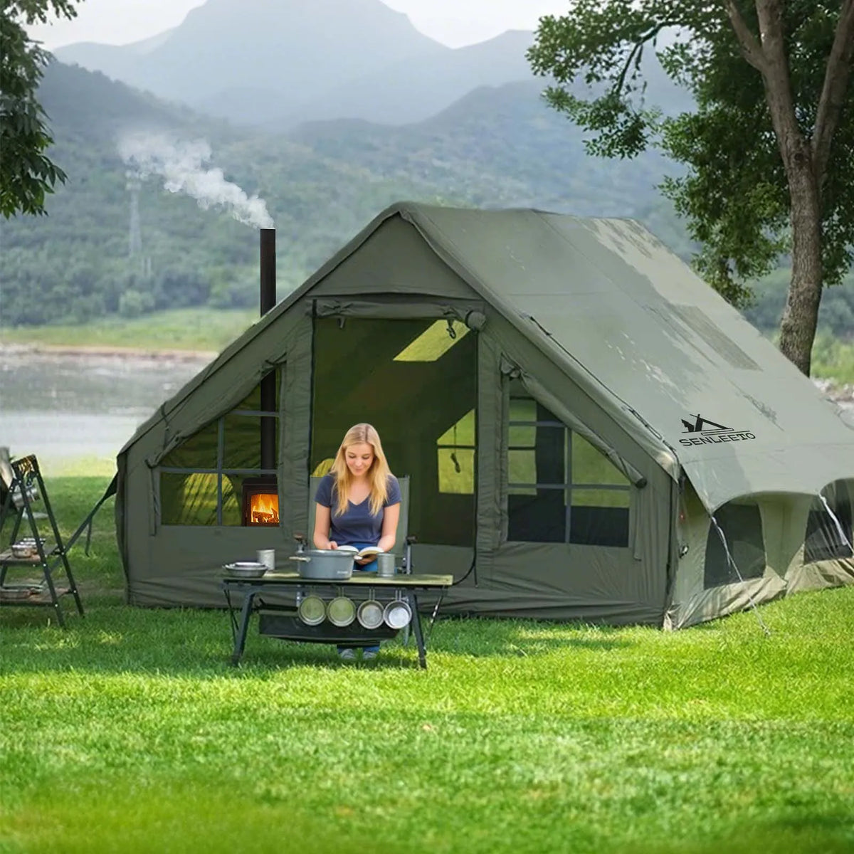 Inflatable Glamping Tent 4/6/8 Person with Skylight,4 Season Waterproof Inflatable Hot Tent with Stove Jack&AC Vent,Easy Setup Air Tent with High Pressure Pump