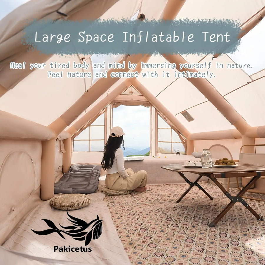 PAKICETUS Large Luxury Inflatable Tent with Manual Hand Pump, Easy Setup 4-Season Snow Resistant Spacious Family Tent, Polyester Air Tent for Camping Backyard Parties Wilderness Trips