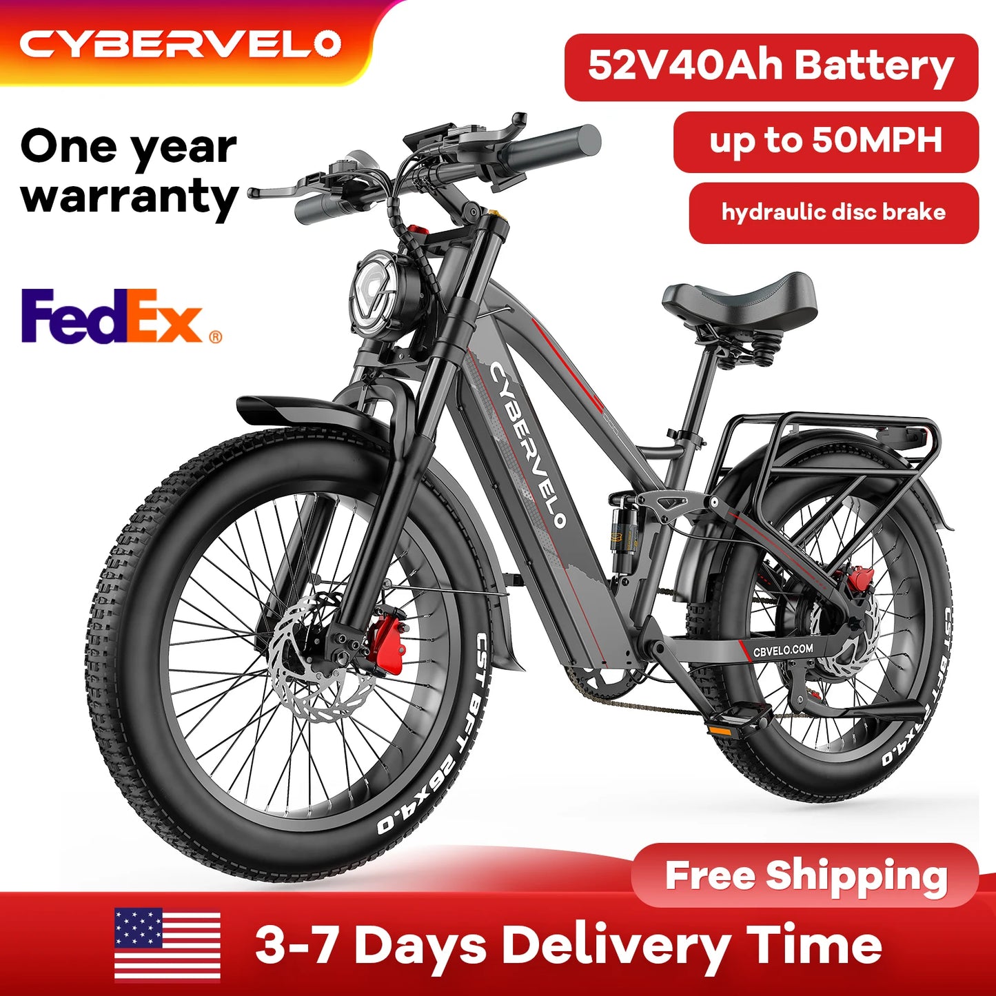 5000W Peak Electric Bicycle for Adults, Cybervelo EK9 26" ALU Frame E-bike 60V 50Ah Built-in Battery 7-Speed Full Suspension