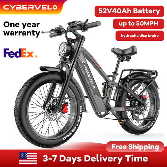 5000W Peak Electric Bicycle for Adults, Cybervelo EK9 26" ALU Frame E-bike 60V 50Ah Built-in Battery 7-Speed Full Suspension