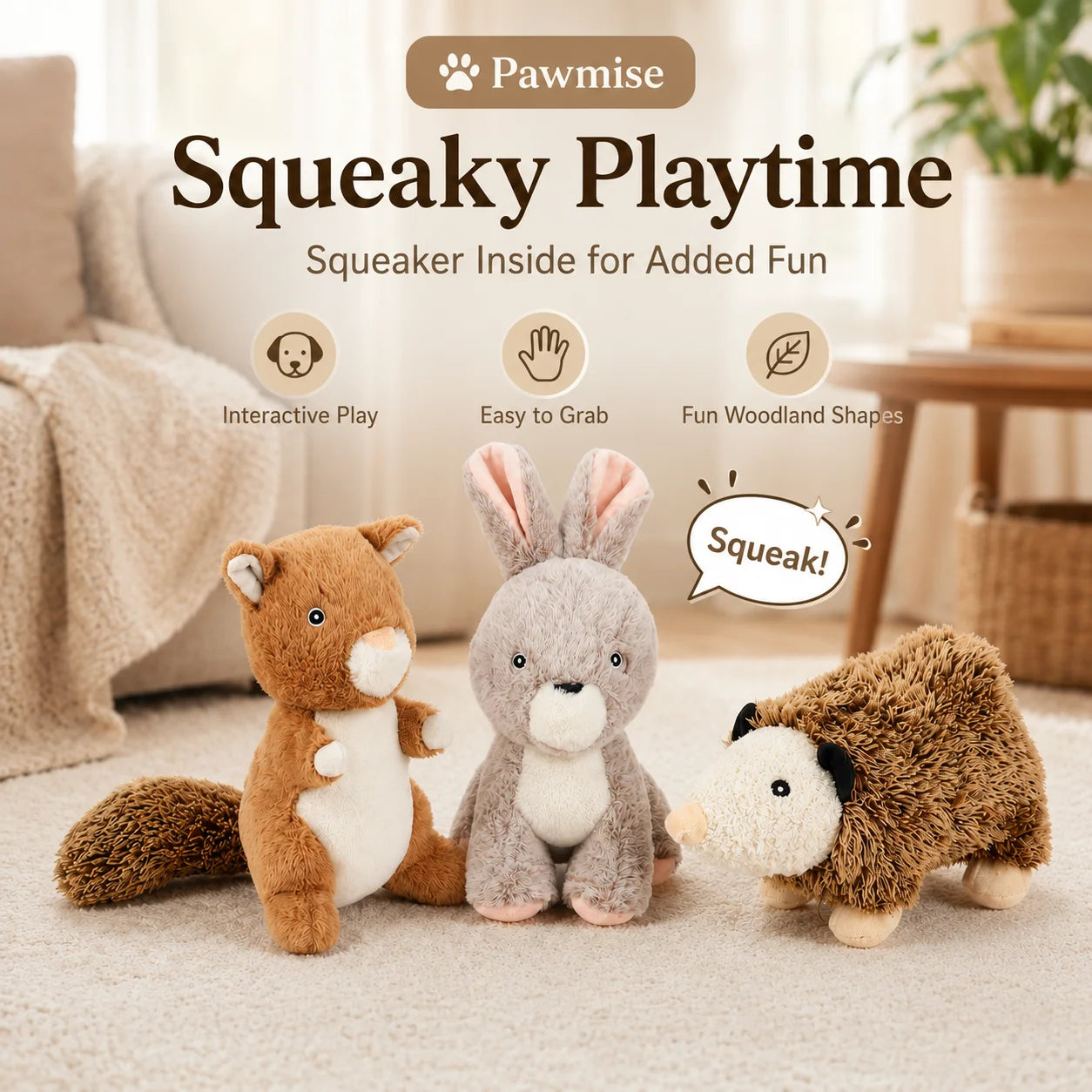 3-Piece Squeaky Plush Pet Toys Set - Rabbit, Squirrel & Mouse - Durable Crinkle Dog & Cat Toys for Small Breeds, Puppies & Kittens - Soft Chew Toys for Anxiety Relief & Interactive Play