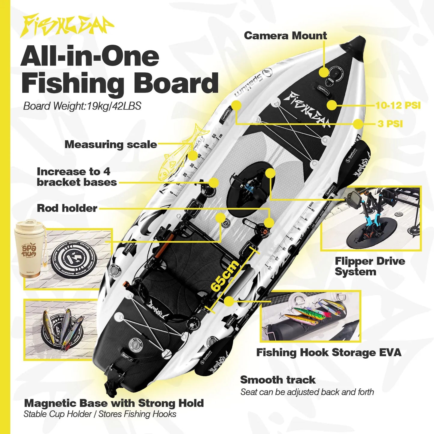 Spatium 11.5ft Single Pedal Drive Fishing Inflatable Kayak, 360°Rotatable & Adjustable Seat -Fish Leap Model