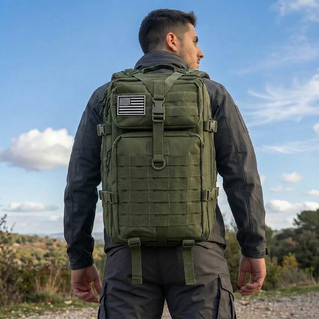 Man wearing a 45L tactical hiking backpack in outdoor setting with clear blue skies.