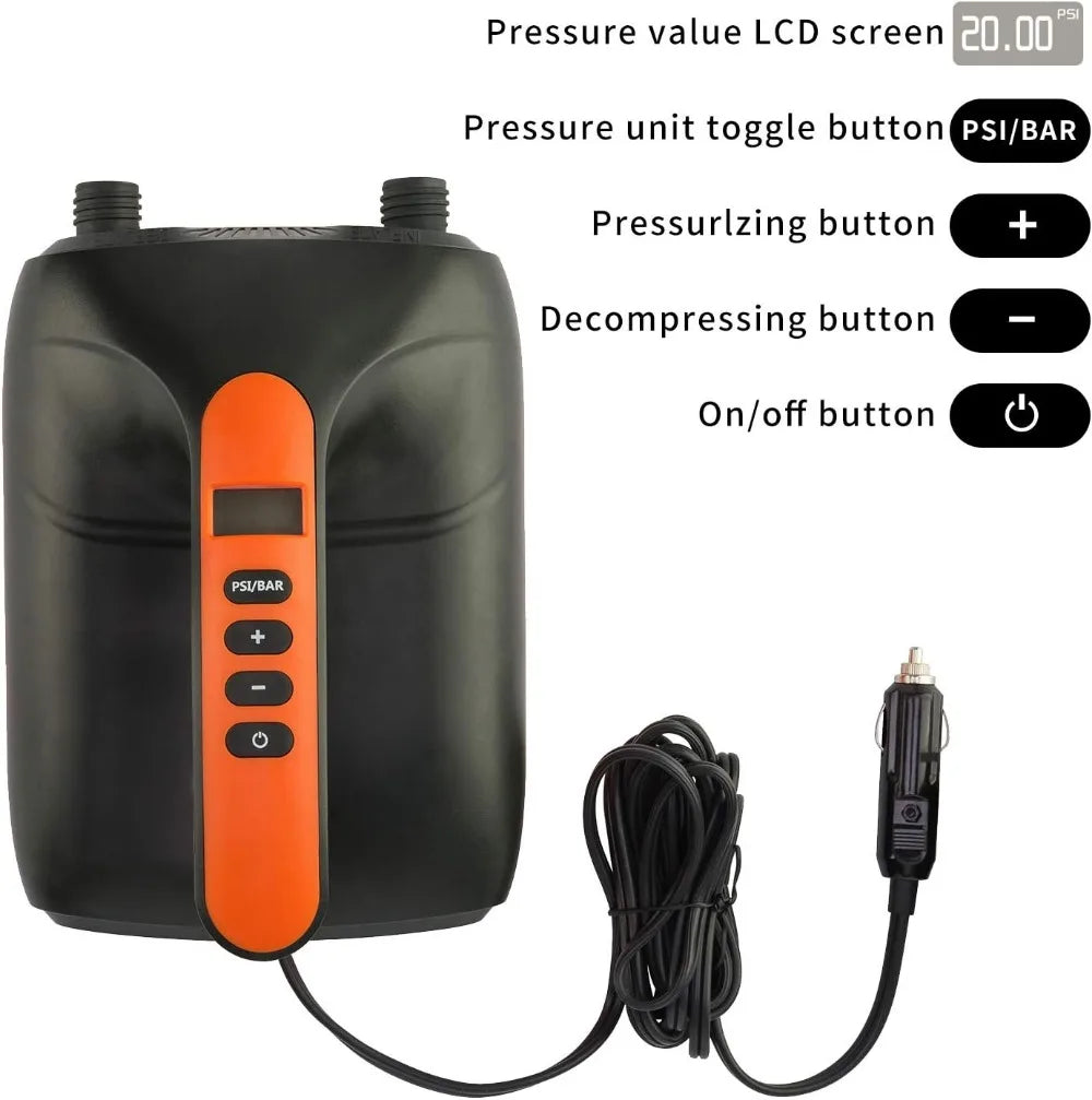 20PSI High Pressure SUP Electric Air Pump, Dual Stage Inflator for Paddle Boards, Boats, Kayaks, 12V DC