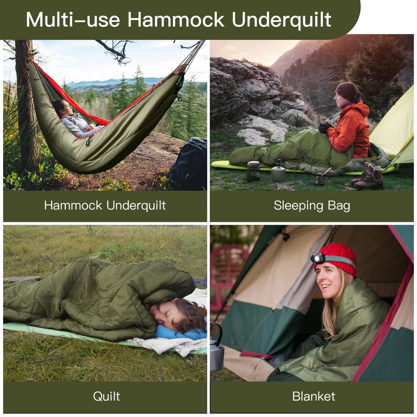 Night Cat Hammock Underquilts Sleeping Bag Single Insulated Under Blanket for Hammock 4 Seasons Lightweight Soft Warm 5-20℃ 8x3.6ft Army Green
