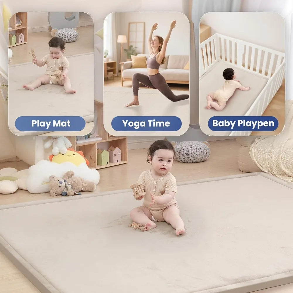 1.3" Thick Memory Foam Play Mat for Floor, Soft Coral Velvet, Extra Large Non-Slip for Crawling & Yoga, Tatami Style (Beige)